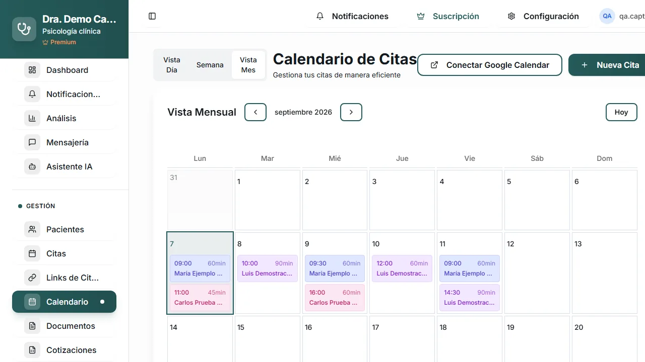 PsicoManager: agenda mensual con citas